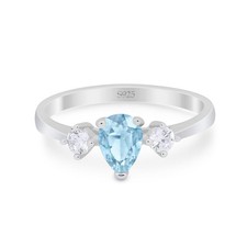 Three Stone Pear Teardrop Natural Aquamarine Engagement Ring 925 Sterling Silver