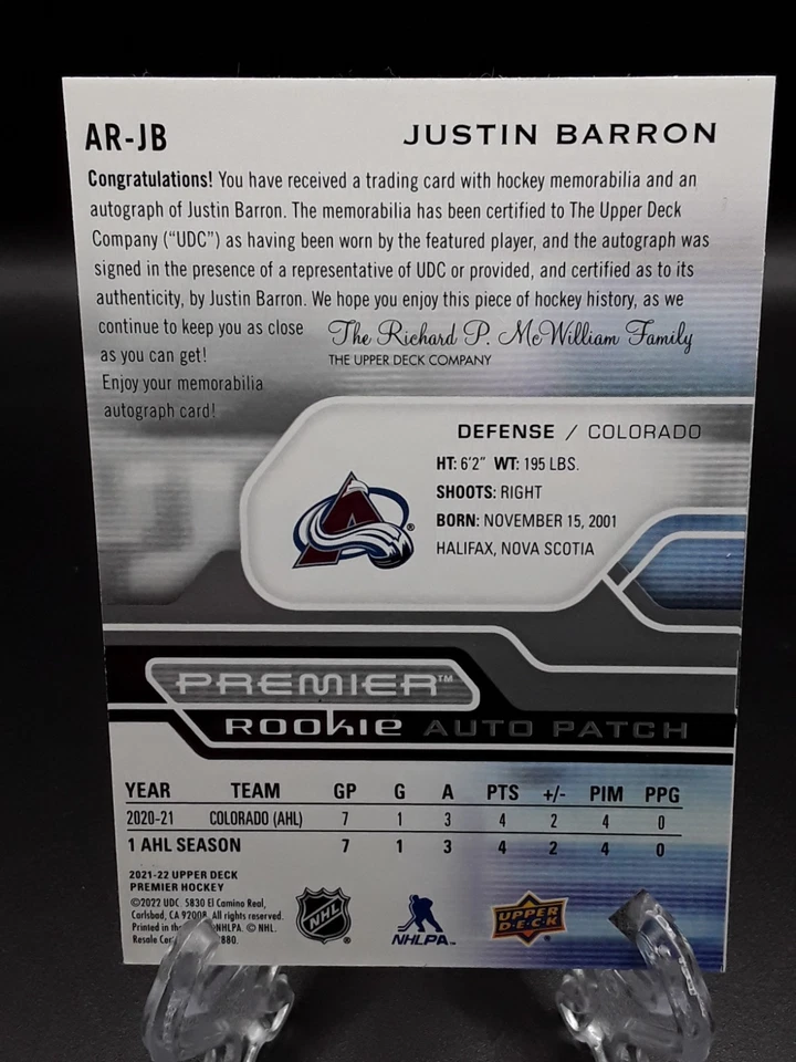 2021-22 UD Premier Justin Barron RPA Rookie Patch Auto /249 RC - Image 2 of 2