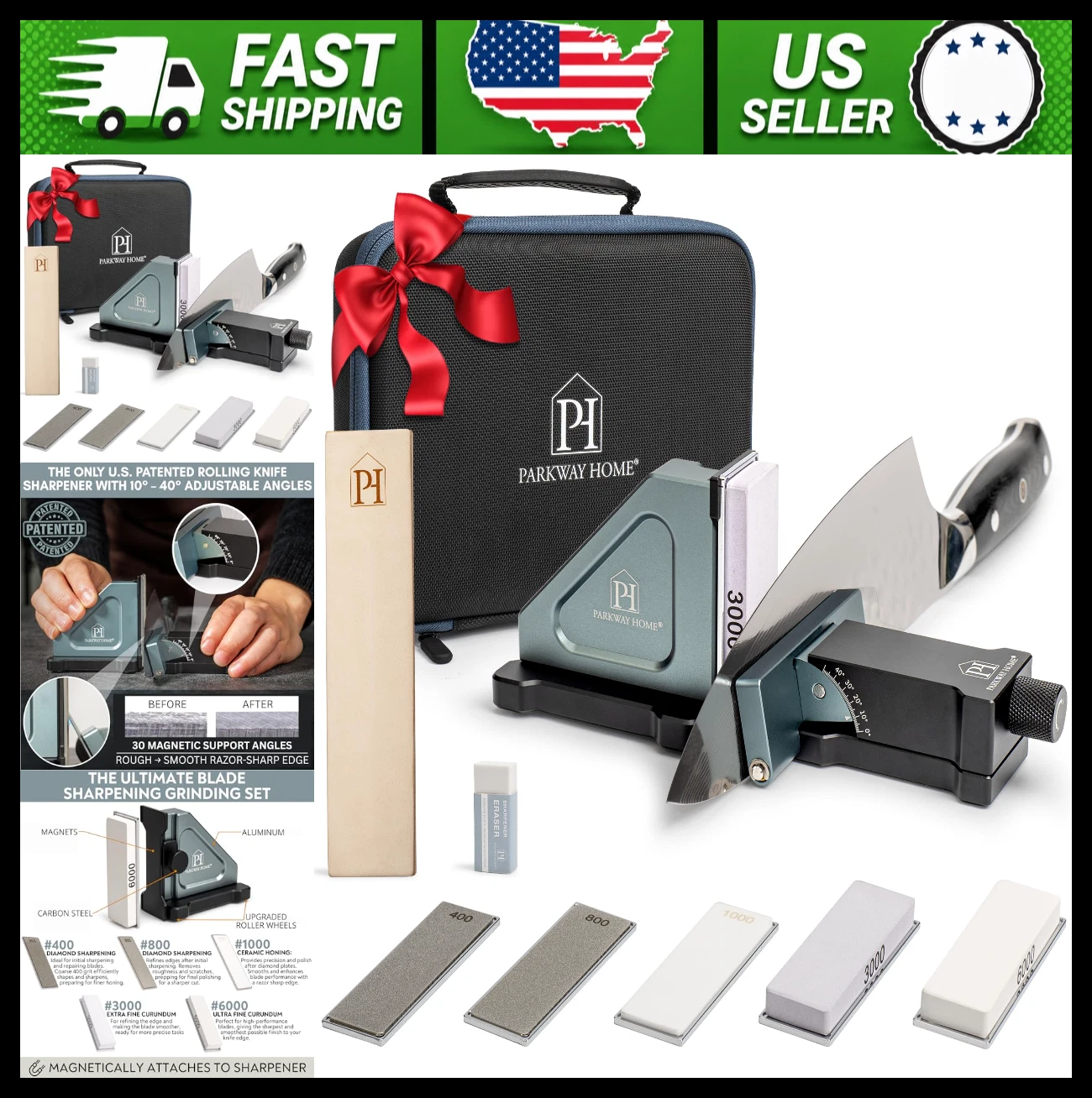 Adjustable Rolling Knife Sharpener Kit with Leather Strop and Travel Case