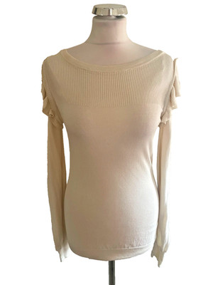 REISS ELFENBEIN SEIDE & ANGORA RÜSCHEN SCHULTER FEINSTRICK PULLOVER GR L