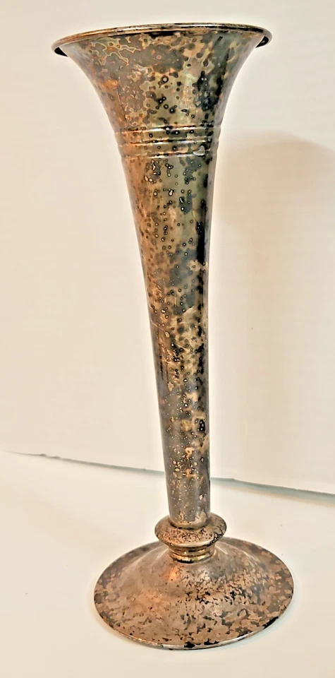 Jarrón trompeta vintage plateado 9" base ponderada borde acampanado Foto 2 de 4