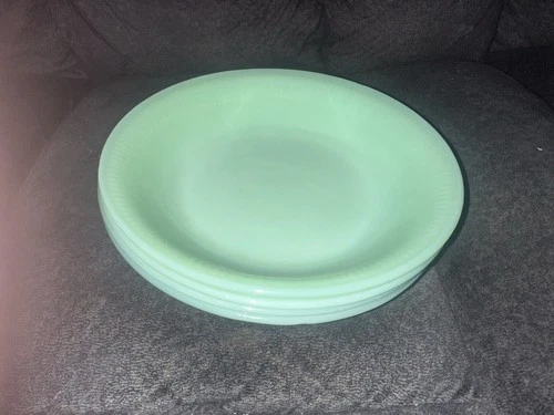 VINTAGE 1950’s Set Of 4 JADEITE FIREKING JANE RAY 7.5” FLAT RIBBED SOUP BOWLS