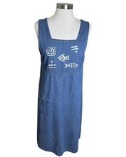 Vintage Blue J Denim Jumper Dress Fish Print Nautical Coastal Boho Small