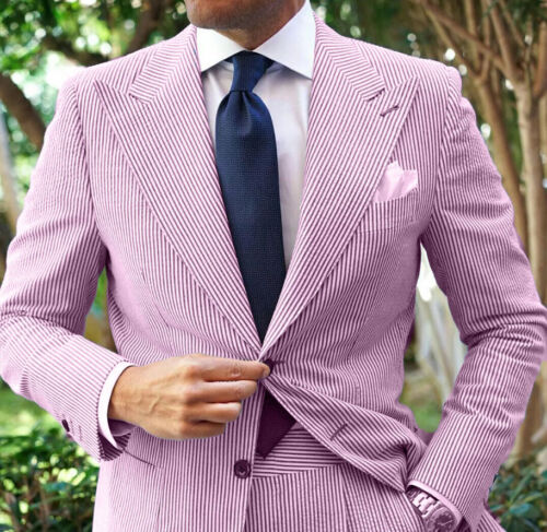 Seersucker Men Suits 2 Pcs Wide Peak Lapel Wedding Beach Leisure Summer Tuxedos - Picture 26 of 27