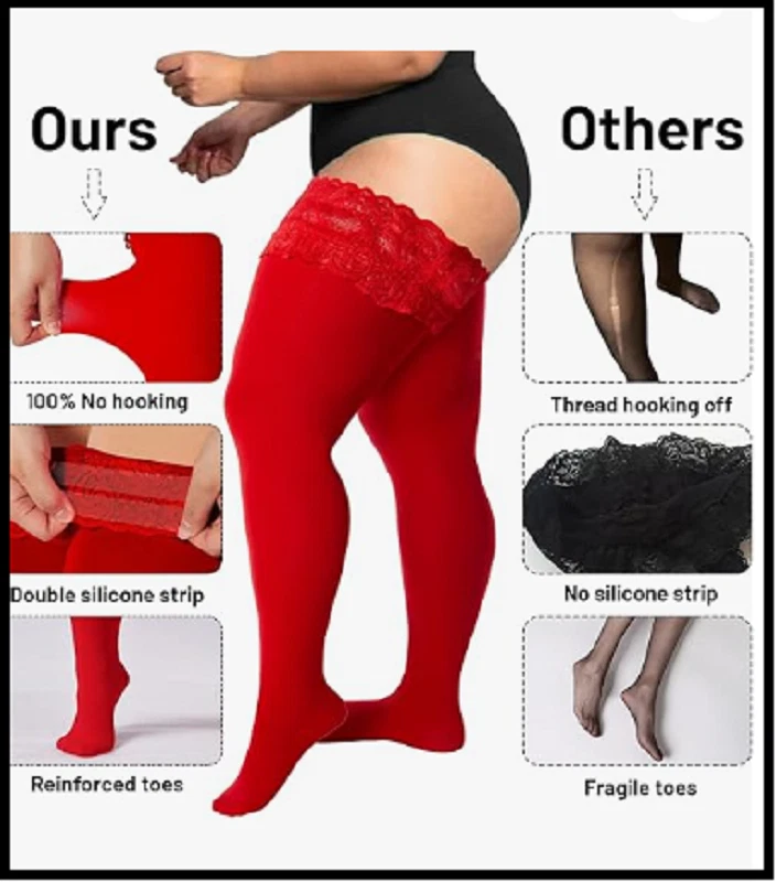 plus Size Thigh High Stockings Womens 55D Semi Sheer Silicone Lace Top Stay up L - Image 4 of 4