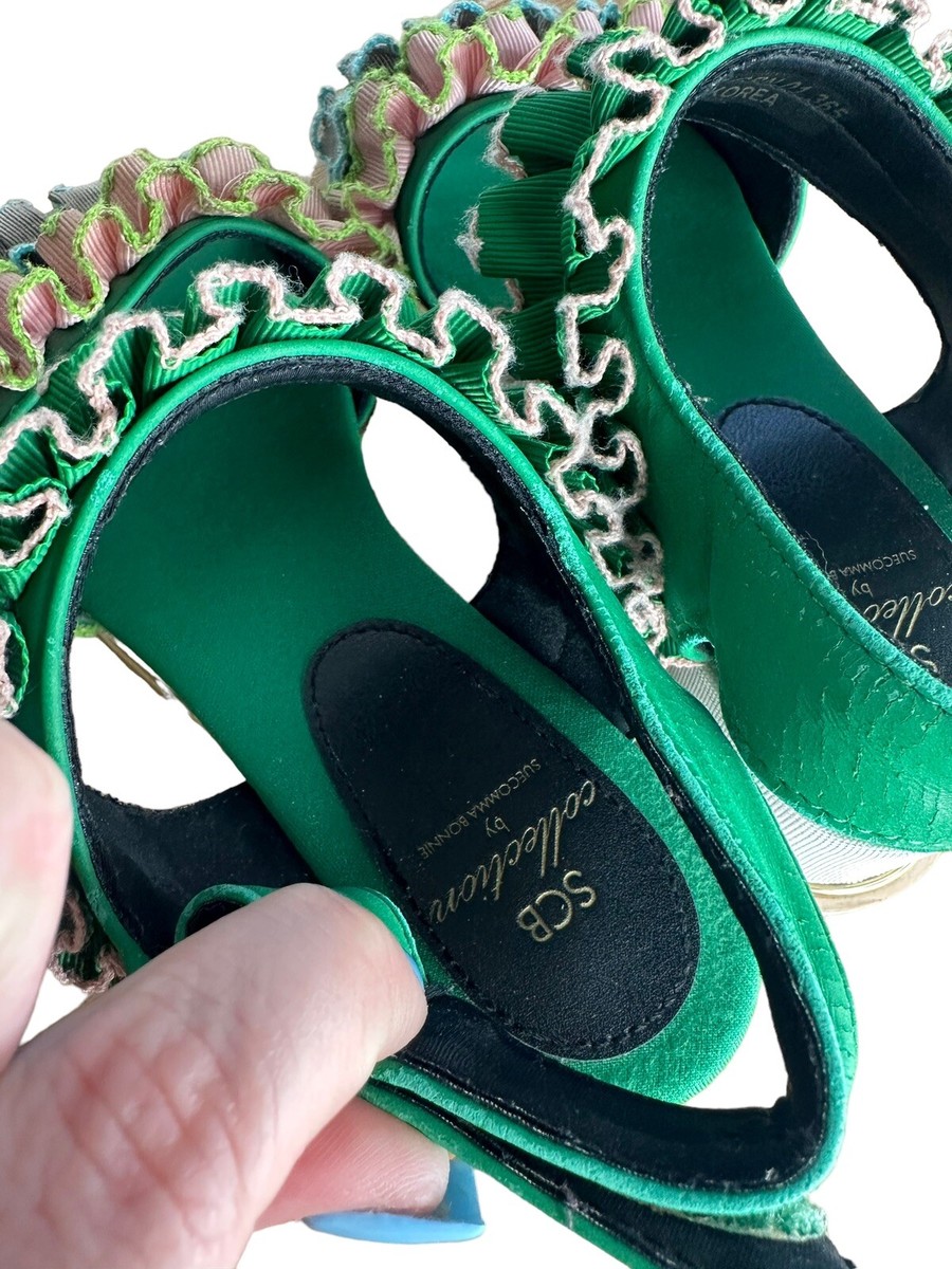SUECOMMA BONNIE ◆Stripe ribbon sandal(green) SCB Collection by Suecomma Bonnie Green Ruffle Platform
