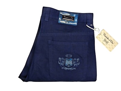 Castello d'Oro Pants Navy Cotton Pants Too Much Luxury Leather Patch Size 32