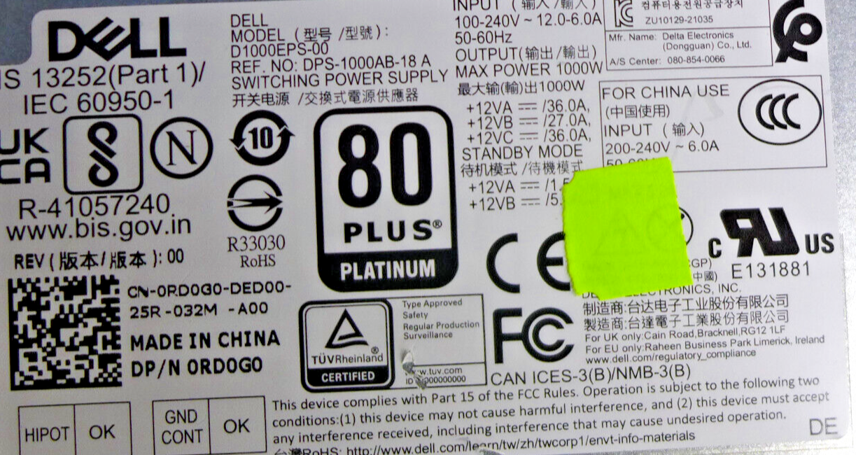 Genuine Alienware Aurora R13 R14 R16 1000W Power Supply D1000EPS-00 ...
