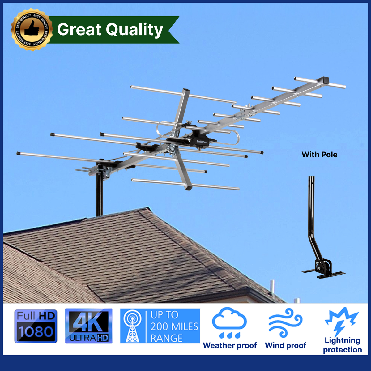 Yagi Outdoor HDTV Antenna up to 200 Mile Attic Roof Mount TV