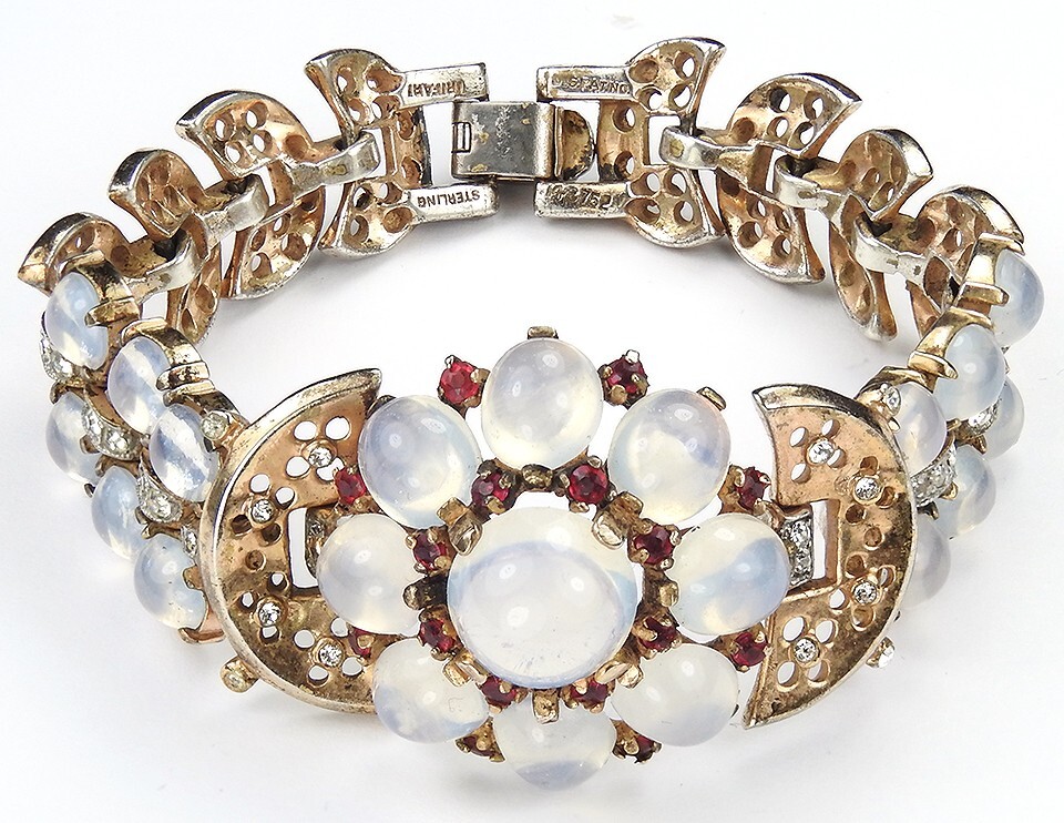 Trifari Sterling Philippe Moonstone Ruby Spangles… - image 2