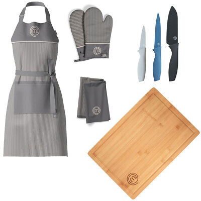MasterChef FSC Schneidebrett + 3 tlg.Messer-Set + Küchentextilien-Set 3-teilig