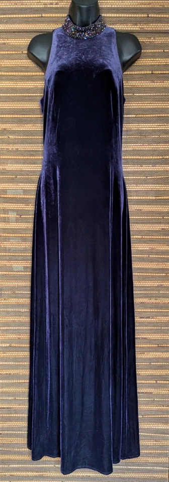 Vestido de noite longo JS BOUTIQUE feminino 10 ou M roxo veludo com miçangas colarinho Halter - Imagem 3 de 4