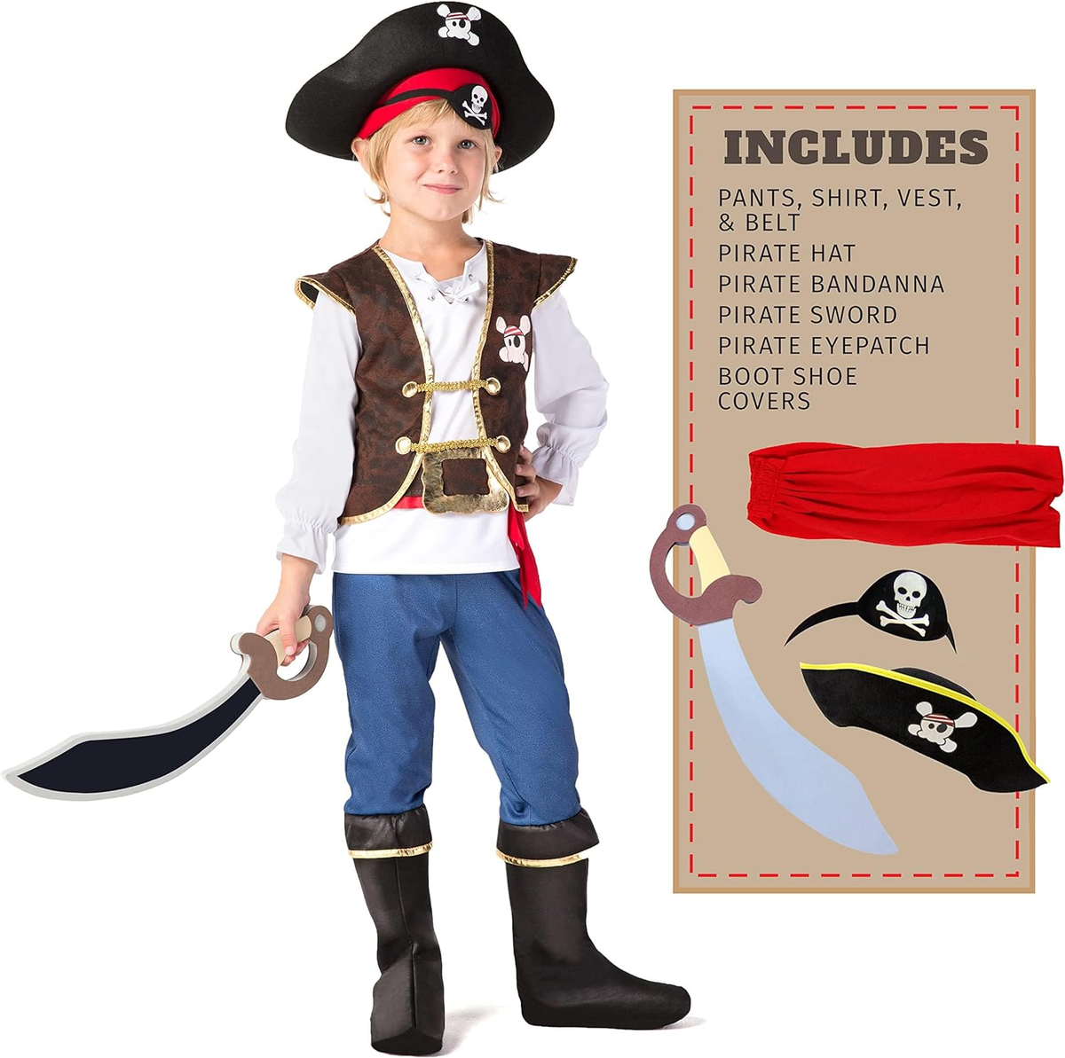 Dress Up America Kids Pirate Costume Set - Includes Top, Pants, Vest, Hat & Eyepatch - View #10