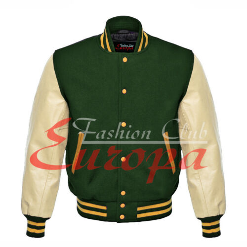 Green Varsity High Quality  Wool jacket with Real leather sleeves.XS to 4XL - Picture 1 of 12