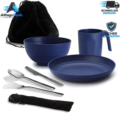 Camping Mess Kit Besteck Set mit Messer, Löffel, Gabel, Tasse, Schüssel, Teller - Bild 1 von 4