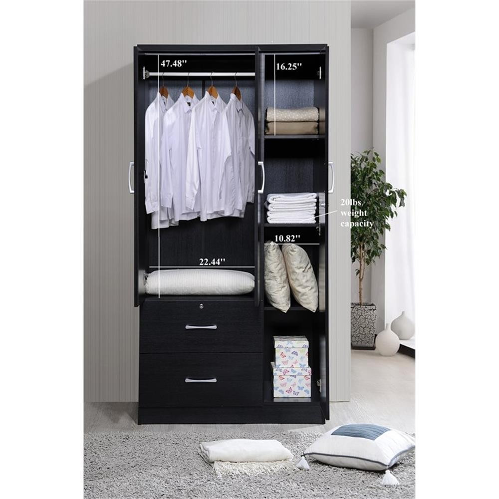Hodedah 3 Door Armoire with 2 Drawers 3 Shelves in Black Wood