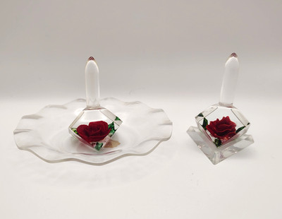 Bircraft Lucite Red Rose Flower Ring Holder Set Of 2 Hand Carved/Painted Vintage