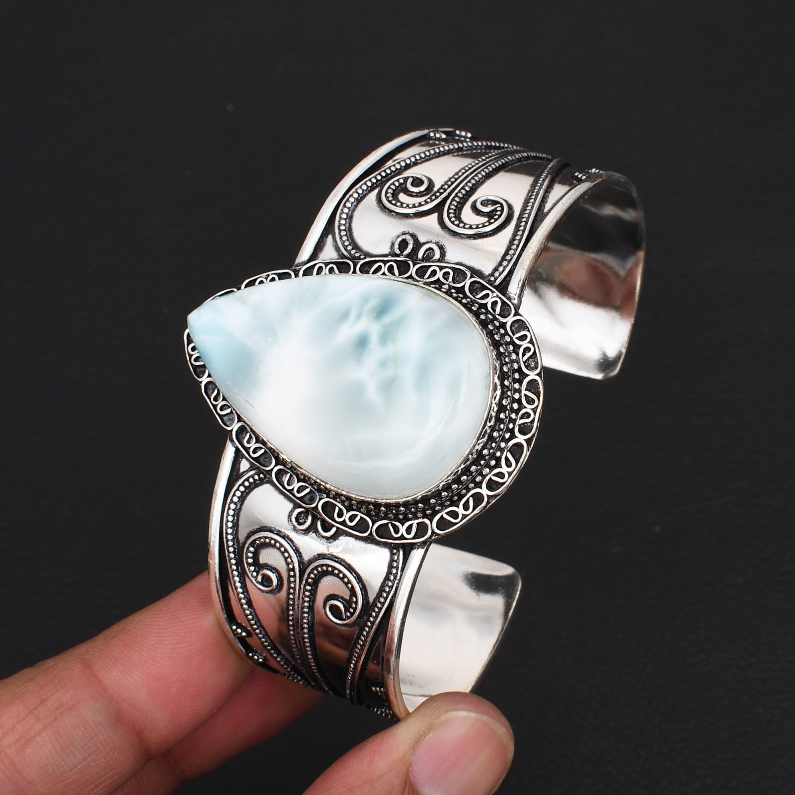 Larimar Gemstone Ethnic Handmade Adjustable Bangle Jewelry For Gift CB-119