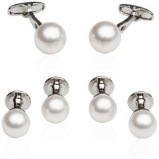 Mens White Simulated Pearl Formal Set Cufflinks and Studs with Presentation G...