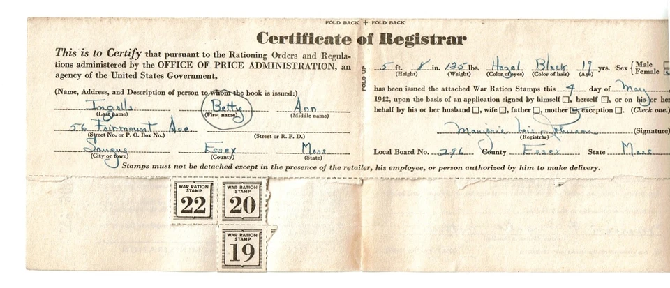 1942 U.S. OPA WAR RATION BOOK #1 w Stamps Saugus, Mass Historic WWII - Image 3 of 3