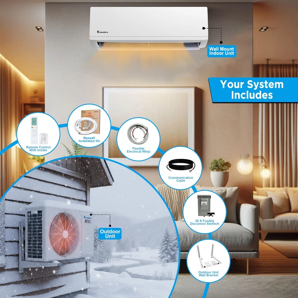 Klimaire HyperHeat 12000 BTU 23.1 SEER2 Ductless MiniSplit Inverter Heat Pump Ac - Image 4 of 4