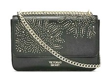 Victoria's Secret Shoulder Bag Bond Street Laser Cut Studs Black Gold Chain New