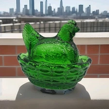 3" Chicken on Woven Nest Emerald Green On Basket By Mosser