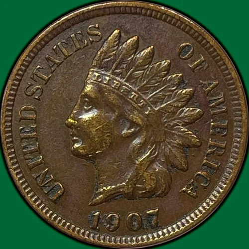1907 Indian Head Cent Almost Uncirculated AU Coin, Cleaning #32843