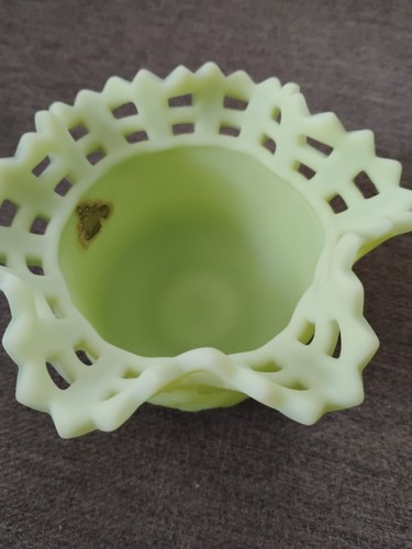 Vintage Fenton hell limettengrün gekräuselt Korbgeflecht Süßigkeiten Schüssel 5 x 3,5" - Bild 4 von 6