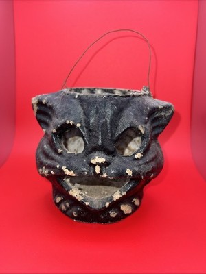 Antique 1920s 30s Paper Mache Black Cat Halloween Lantern w/Candle Base Original