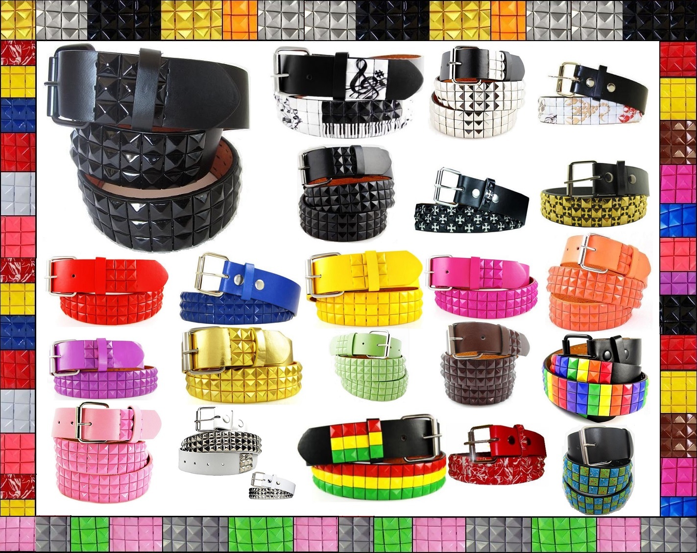 Unisex 3-Row Metal Pyramid Studded Leather Belt Mens Womens Punk Rock Goth Emo - Picture 2 of 26