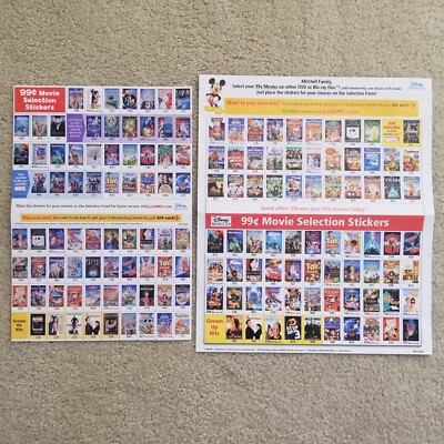NEW Disney Movie Club 99 Cent Sticker Sheets DVD Blu-ray 2013 & 2016 Set of 2