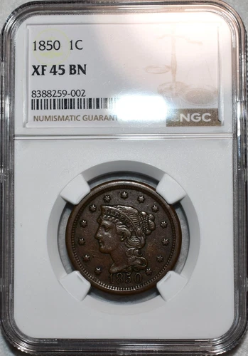 NGC XF-45 BN 1850 Braided Hair Large Cent, Attractive, Mid-Grade specimen.