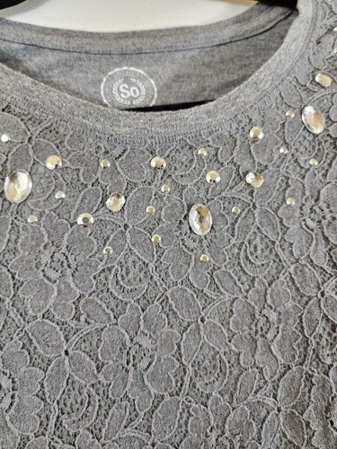 SO Girls Size 16 Gray Lace & Gemstone Embellished Long Sleeve Round Neck Top - Picture 2 of 6