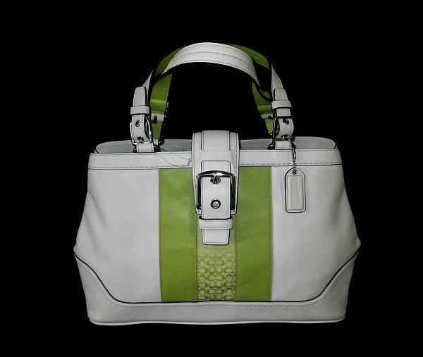 NEW Coach Hamptons White Leather Pear Green Sig Striped Medium