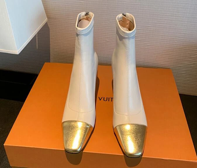 Botas de tornozelo elásticas femininas moda biqueira quadrada cor combinando gatinho salto médio - Imagem 2 de 4