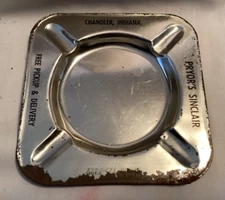 Old Tin Advertising Table Ashtray PRYOR'S SINCLAIR GASOLINE OIL CHANDLER INDIANA