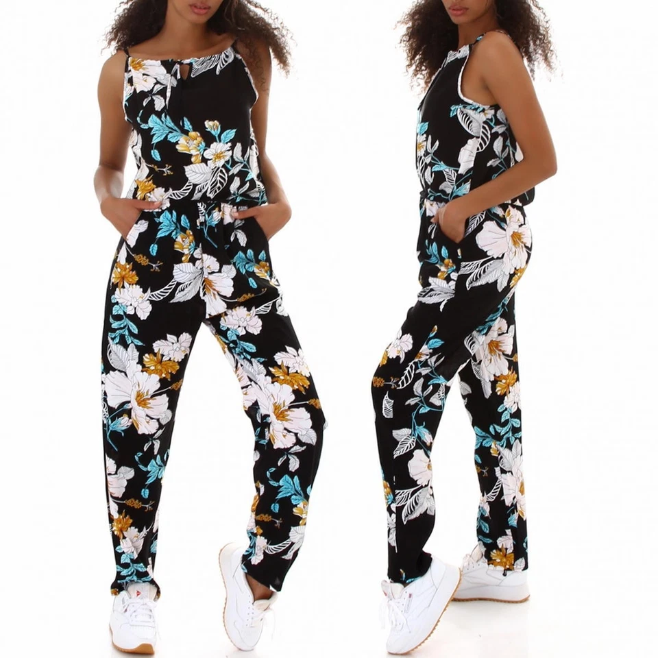 Damen Overall Onesie lang Jumpsuit Träger verstellbar Blumen Einfarbig Sommer - Bild 2 von 4