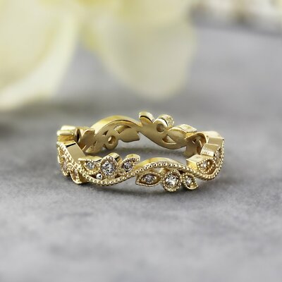 1Ct Round Cut Simulated Diamond Stylish Floral Vine Band 14K Yellow Gold Plated