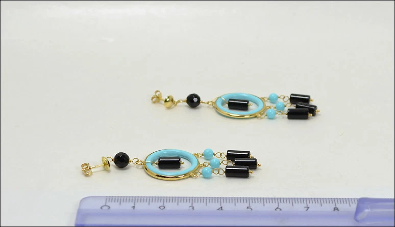 Pendientes de Oro Amarillo 18KT Con Anillo Pasta De Turquesa Y Ónix Oght 0457 - Imagen 3 de 3