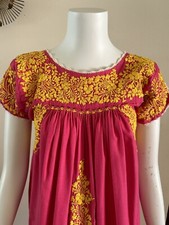 Vintage Oaxacan Embroidered Huipil Dress Pink Yellow Cotton Floral XS S 70s 80s