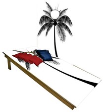Cornhole Boards BEANBAG TOSS GAME Black  White Palm Tree w Bags Set