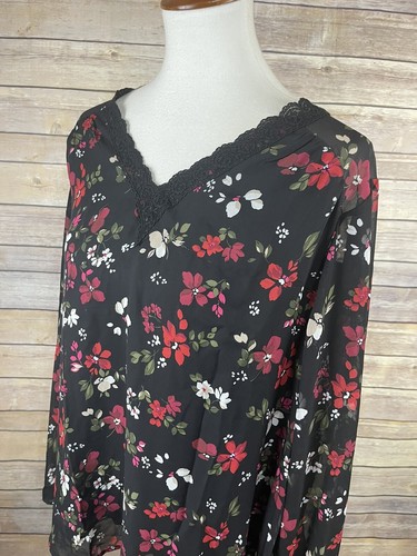 Lane Bryant Größe 20 neu mit Etikett geblümte Bluse schwarz rot V-Ausschnitt transparente Ärmel Karriere Oberteil - Bild 4 von 11
