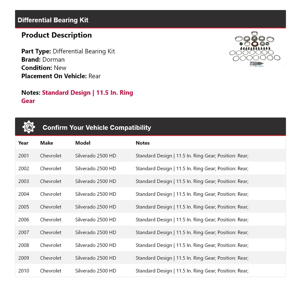 For 2001-2010 Chevrolet Silverado 2500 HD Dorman Differential Bearing Kit Rear - Image 2 of 4