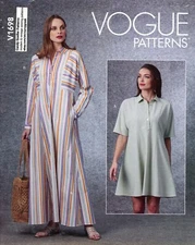Vogue V1698 Flared, A-Line Dress w Button Placket, Caftan Length Sz 8-16 UNCUT