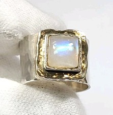 Sterling Silver Moonstone Wide Band Hammered Finish Ring Size 8.5