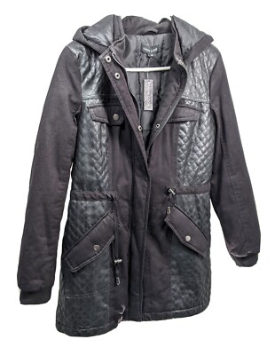 New Look quilted Faux Leather Coat Women's Hooded Medium Black New