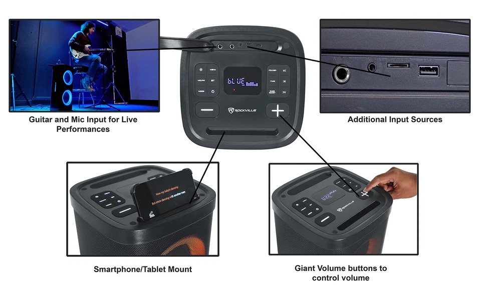 Rockville BASS PARTY 65 V2 1200w Battery Powered LED Bluetooth Speaker Mic Input - Image 4 of 4