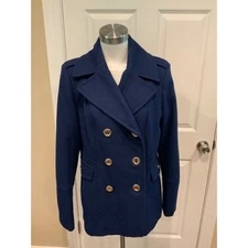 Michael Kors Dark Blue Double Breasted Peacoat Gold Buttons, Size Large