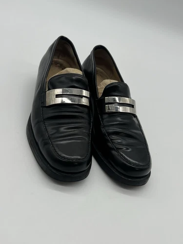Mocassini Gucci donna 6 5B neri in pelle quadrati G argento logo placca scarpe eleganti